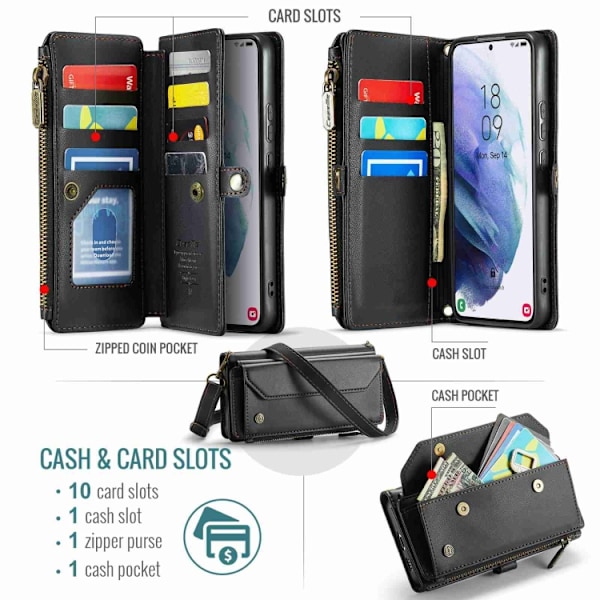 Samsung Galaxy S21+ 5G Skal CaseMe C36 med kortfack, dragkedja, RFID-skydd, läder Svart