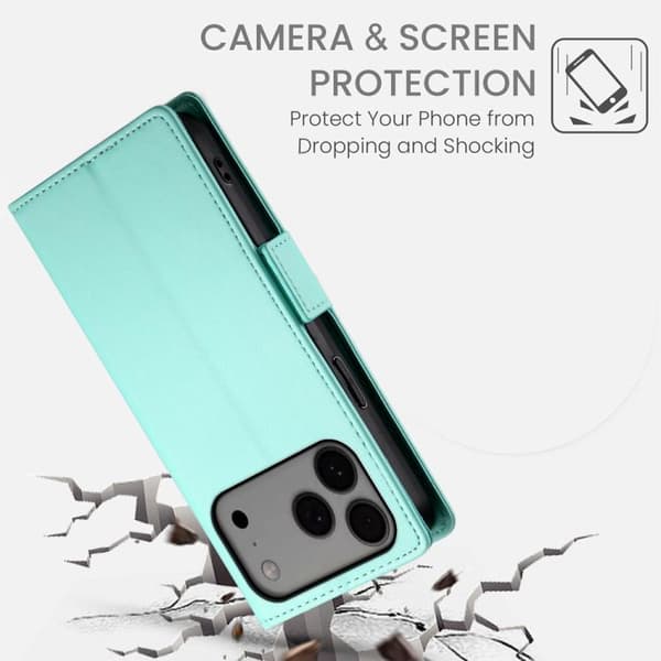 iPhone 17 Pro Max Skal läderfodral med sidobuckle - magnetisk frostad läder Mintgrön