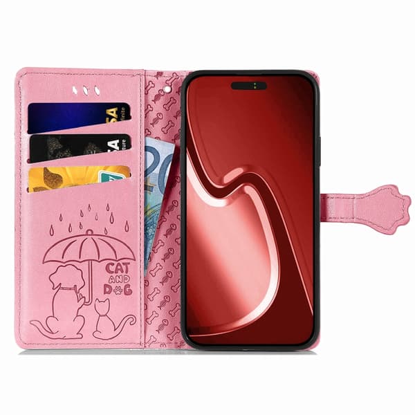 iPhone 16 Pro Max Skal Präglat Läder för Katt och Hund Rosa