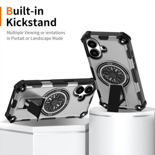 iPhone 17 Shockproof Kickstand Metallic Shaft MagSafe Skal Silver