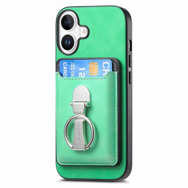 iPhone 17 Skal med Retro Fällbart Ringhållare och Kortfack MagSafe Grön