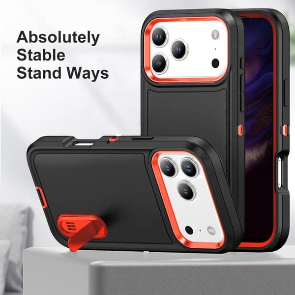 iPhone 18 Pro Max / iPhone 17 Pro Max Skal - robust PC + silikon med hållare Svart + Orange