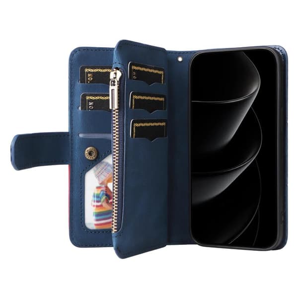 iPhone 18 Pro Max / iPhone 17 Pro Max Skal läderfodral med två färger och 9 kortfack Blå