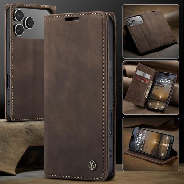iPhone 17 Pro Max Skal Läderfodral Multifunktionell Horisontell Flip Kaffe