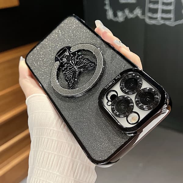 iPhone 16 Pro Max Pläterad Glittrande Fjäril Skal Silver