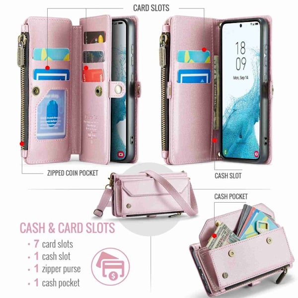 Samsung Galaxy S22 5G Skal CaseMe C36 med kortfack, dragkedja, RFID-skydd, läder Rosa