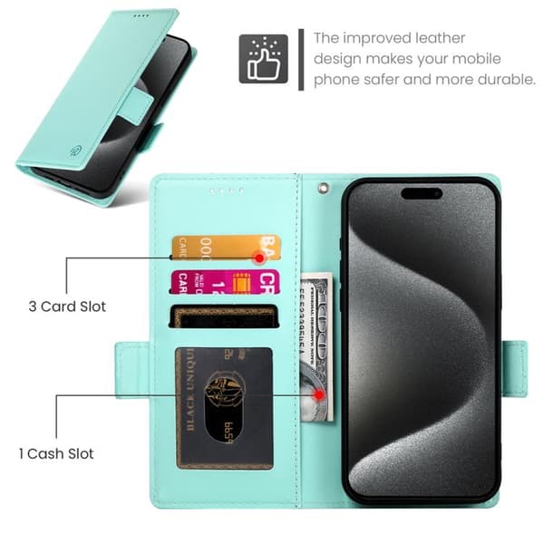 iPhone 18 Pro Max / iPhone 17 Pro Max Skal läderfodral med sidobuckle - magnetisk frostad läder Mintgrön