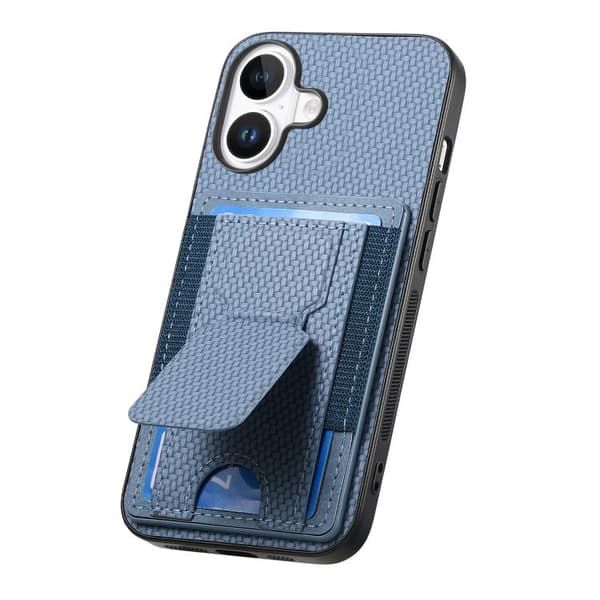 iPhone 17 Skal - Kolfiber med Fällbart Ställ och Elastisk Kortficka Blå