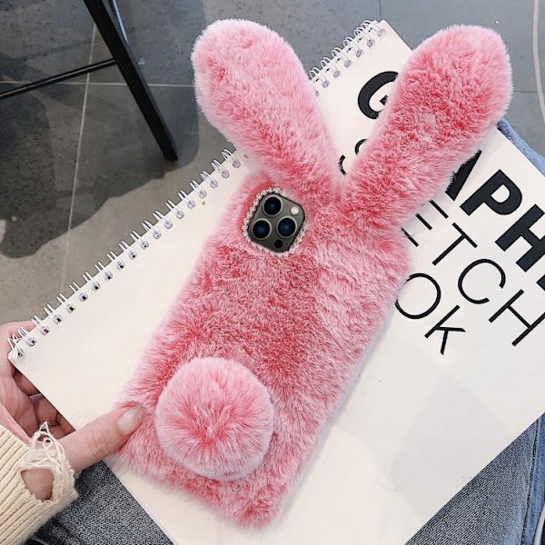 iPhone 16 Pro Max 3D Söt Långörad Kanin Plush Full Coverage Skal Grå