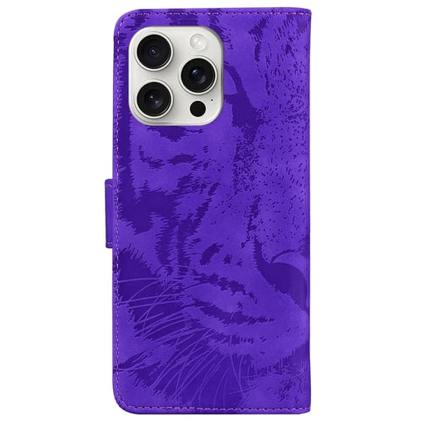 iPhone 16 Pro Max Tiger Embossing Pattern Fodral - Elegant och Slitstark Skal Läder Purpur