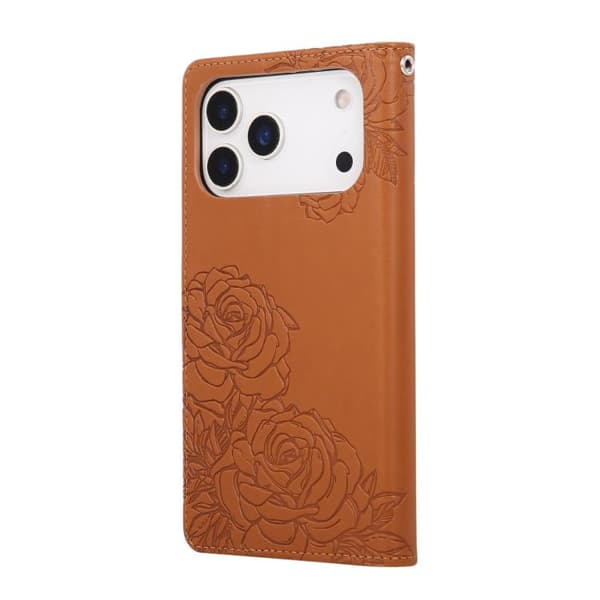 iPhone 18 Pro / iPhone 17 Pro Skal läderfodral med rosblommor och 3 kortfack Brun