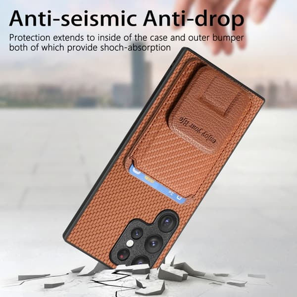 Samsung Galaxy S20 FE Skal i Kolfiber med Kortficka och Fällbart Ställ Brun
