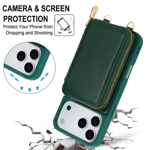 iPhone 18 Pro Max / iPhone 17 Pro Max Skal med Crossbody Dragkedja och RFID Kortficka Grön