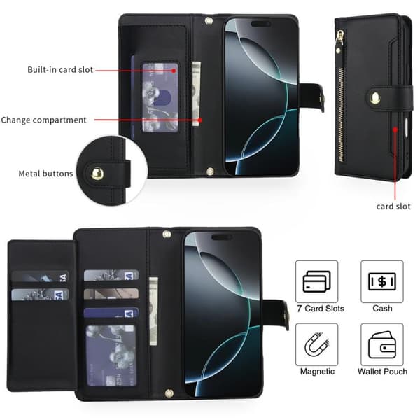 iPhone 18 Pro Max / iPhone 17 Pro Max Skal läderfodral med sju kortfack och dragkedja, inklusive lanyard Svart