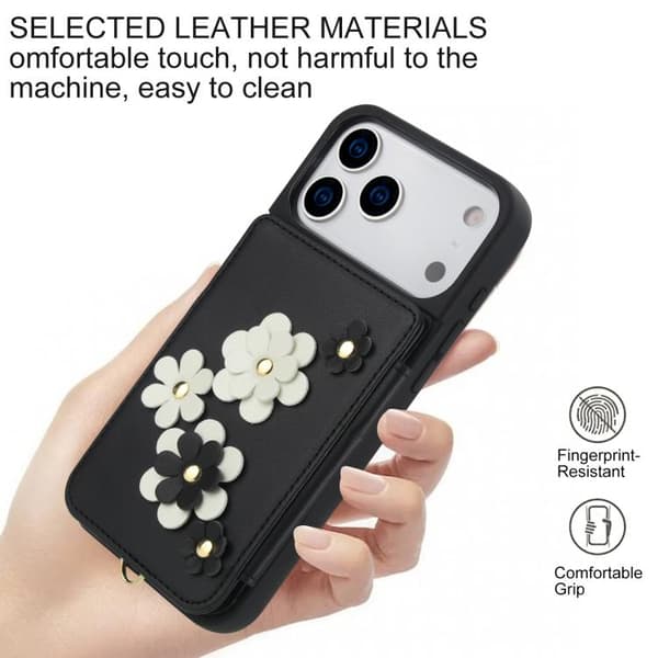iPhone 18 Pro Max / iPhone 17 Pro Max Skal läderfodral med blommönster Svart