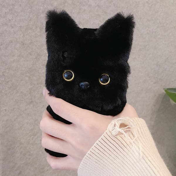 iPhone 16 Pro 3D Söt Katt Plush Full Coverage Skal Svart