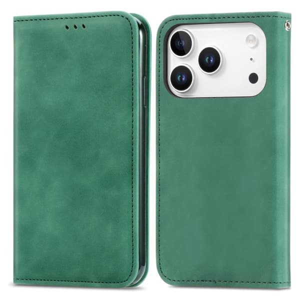 iPhone 18 Pro Max / iPhone 17 Pro Max Skal läderfodral med retro känsla och magnetisk flip Grön