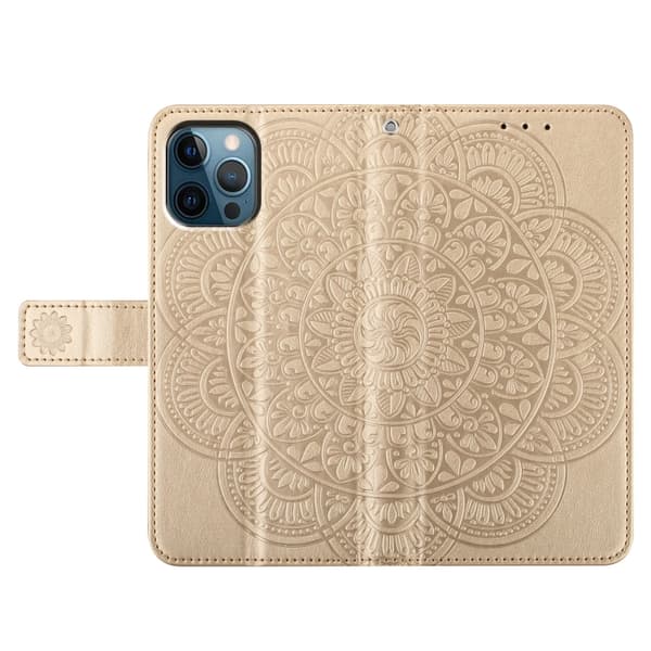 iPhone 16 Pro Max Blomsterpräglat Läderfodral - Elegant Skal för iPhone 16 Pro Max Guld