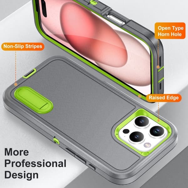 iPhone 16 Pro Rugged Skal PC + Silikon med Hållare Grå & Frisk Grön