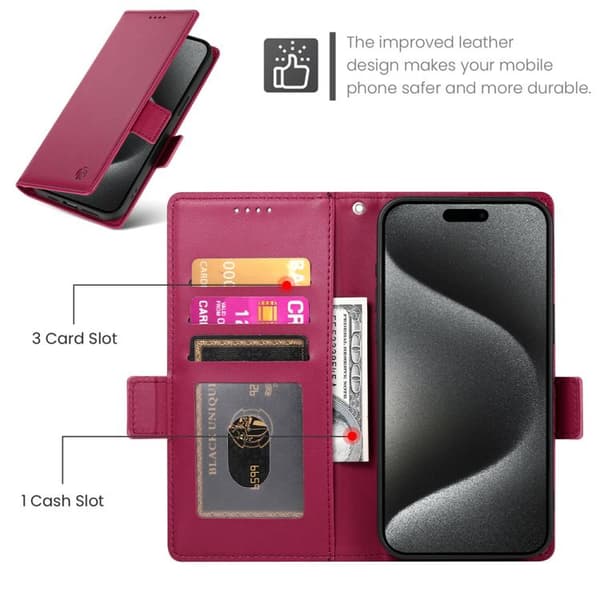 iPhone 18 Pro Max / iPhone 17 Pro Max Skal läderfodral med sidobuckle - magnetisk frostad läder Vinrött