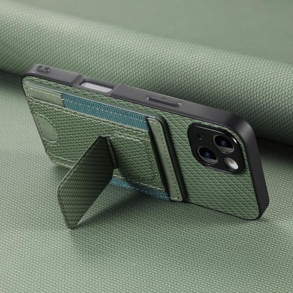 iPhone 18 Pro Max / iPhone 17 Pro Max Skal - Kolfiber med Fällbart Ställ och Elastisk Kortficka Grön