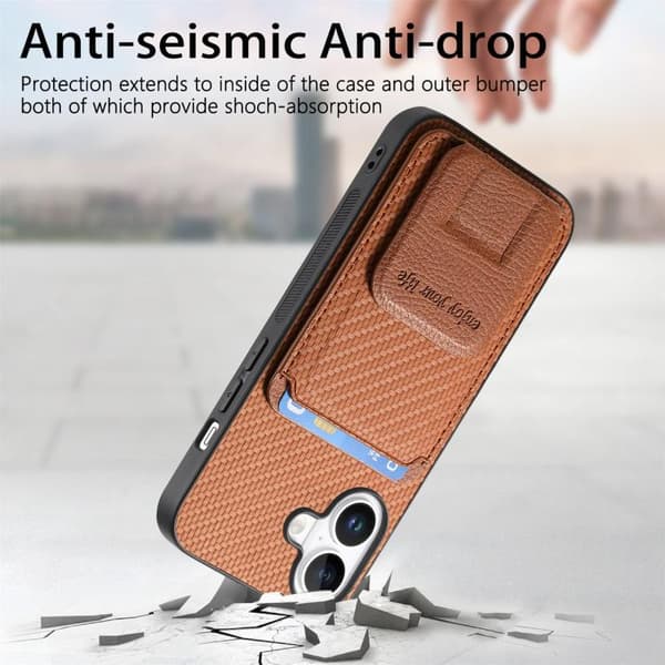 iPhone 17 Skal - Kolfiber med Kortficka och Fällbart Ställ Brun