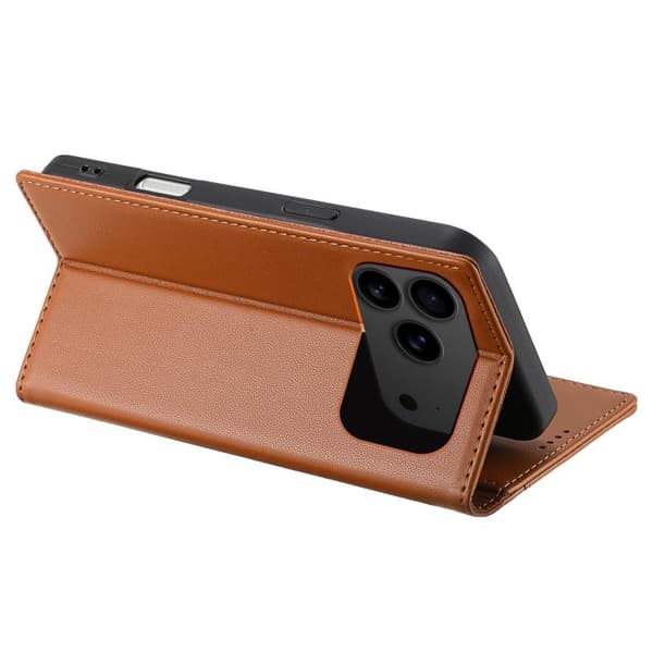 iPhone 17 Pro Max Skal läderfodral N.BEKUS P3 RFID med magnetisk flip Brun