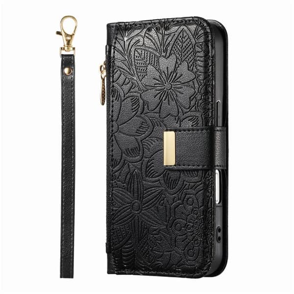 iPhone 18 Pro Max / iPhone 17 Pro Max Skal läderfodral med blommor och blad, med rem Svart