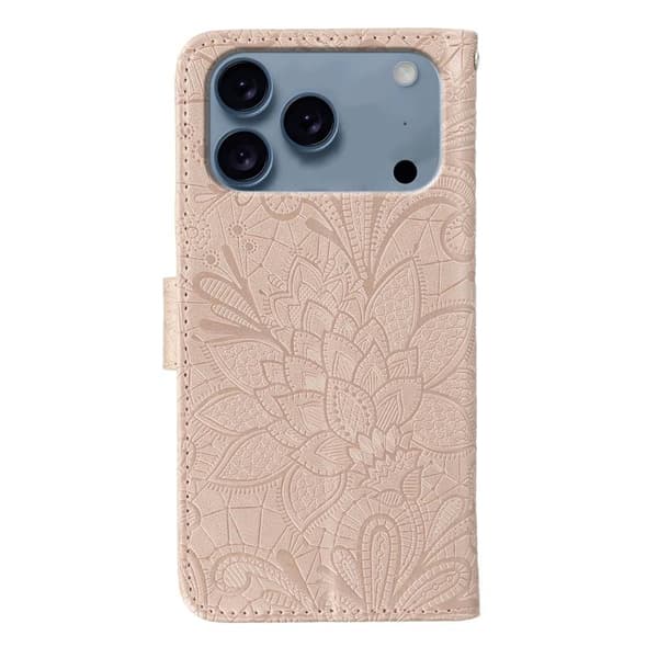 iPhone 18 Pro Max / iPhone 17 Pro Max Skal läderfodral med spetsblommor och präglad design Roséguld