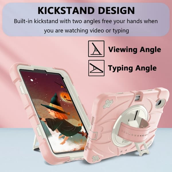iPad mini 6 / mini 2024 Bat Hand Grip Turntable Skal - Läderfodral Rosa Vit