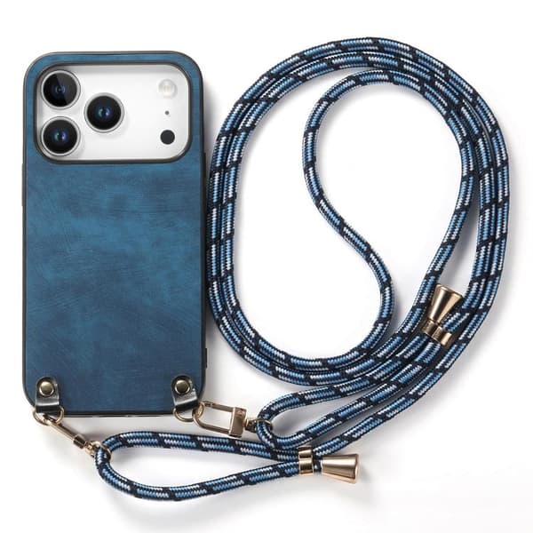 iPhone 18 Pro / iPhone 17 Pro Vintage Läder PC Bakskydd med Crossbody Rem Blå