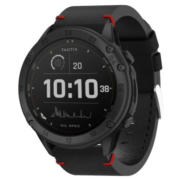 För Garmin Tactix Delta 26mm lädersutur stålspänne watch Black