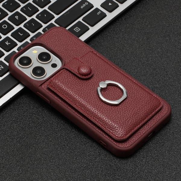 iPhone 16 Pro Litchi Textur Ritkort Väska Ringhållare Skal Vinrött