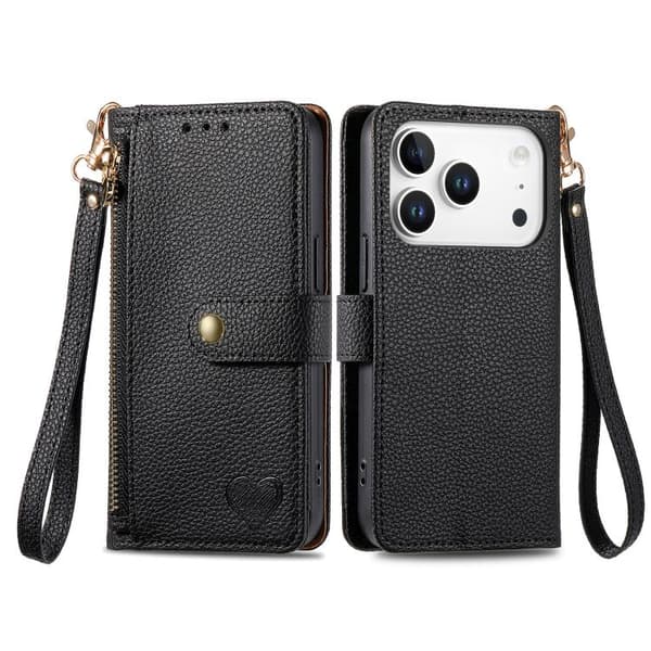 iPhone 18 Pro Max / iPhone 17 Pro Max Skal Läderfodral med Kärlek Zipper Lanyard Svart