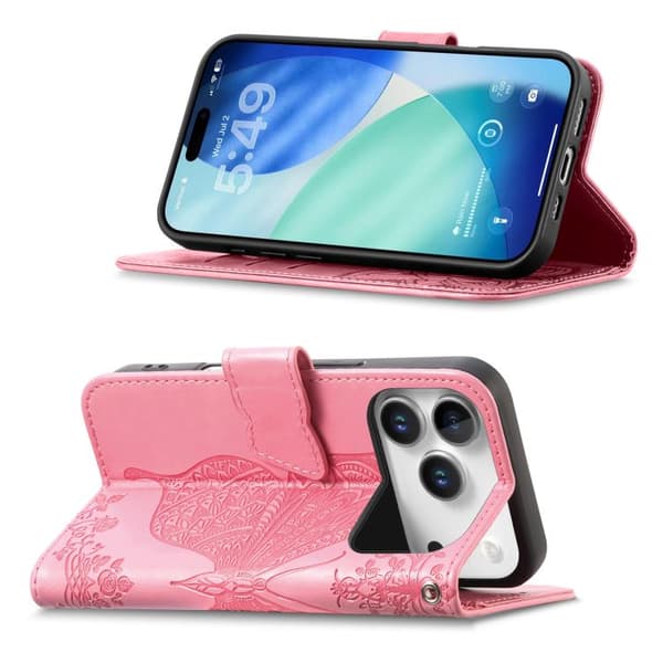 iPhone 18 Pro Max / iPhone 17 Pro Max Skal läderfodral med fjäril och blomma - relief Rosa
