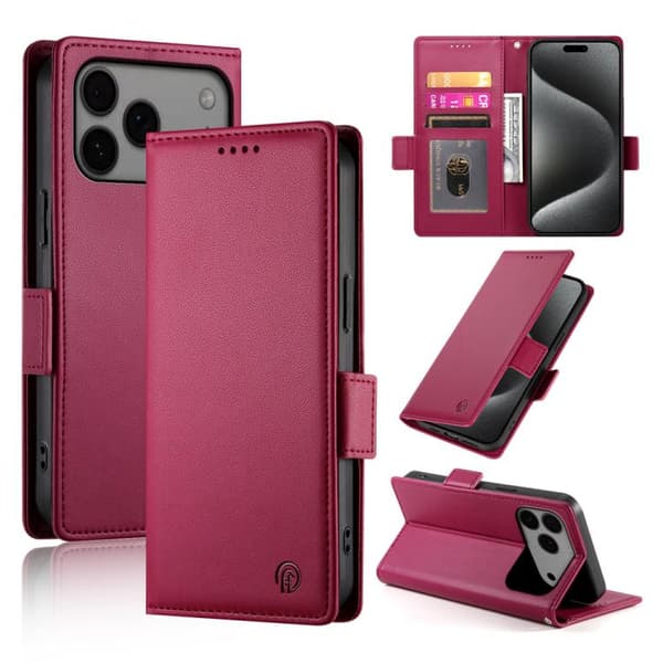 iPhone 18 Pro Max / iPhone 17 Pro Max Skal läderfodral med sidobuckle - magnetisk frostad läder Vinrött