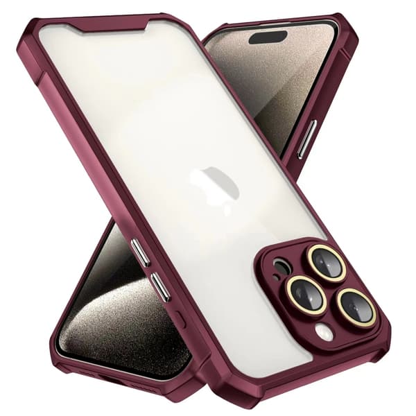 iPhone 16 Pro Max Skal med Stötsäker Akryl och Linsskyddsglas Vinrött