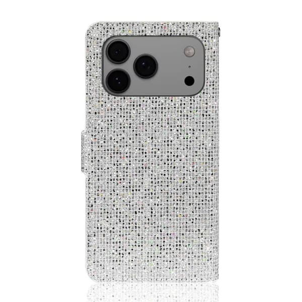 iPhone 18 Pro / iPhone 17 Pro Skal Läderfodral med Glitterpulver Silver