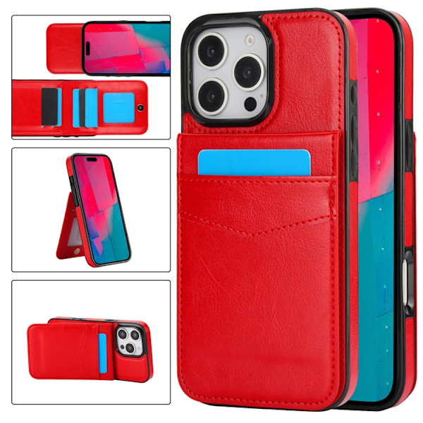 iPhone 16 Pro Max Solid Color Kortfack Ställ PU Skal Röd