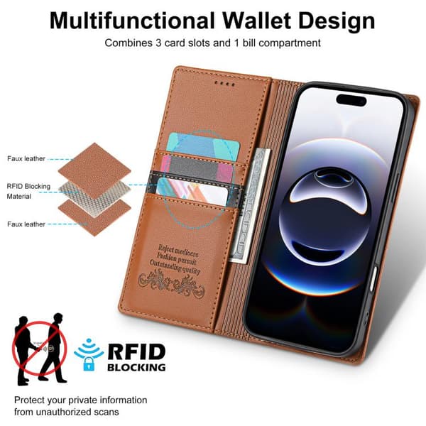 iPhone 18 Pro / iPhone 17 Pro Skal läderfodral N.BEKUS P3 RFID med magnetisk flip Brun