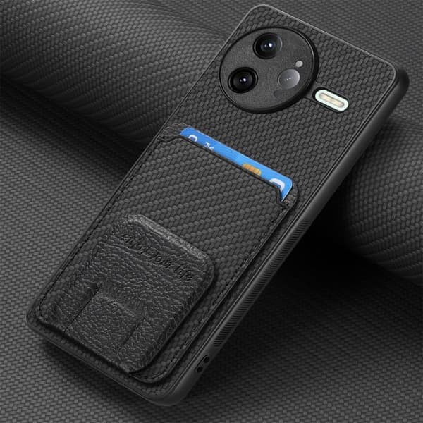 Redmi K80 / Poco F7 Pro - Kolfiber Kortfodral med Fällbart Ställ Svart