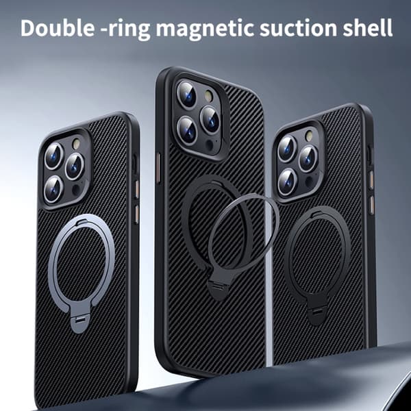 iPhone 16 Pro Max Dubbelring MagSafe Hållare Kolfiber Skal Silver