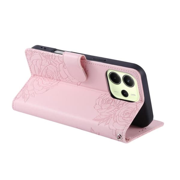 Redmi Note 14 4G - Läderfodral med Rosblommor och 3 Kortfack Rosa