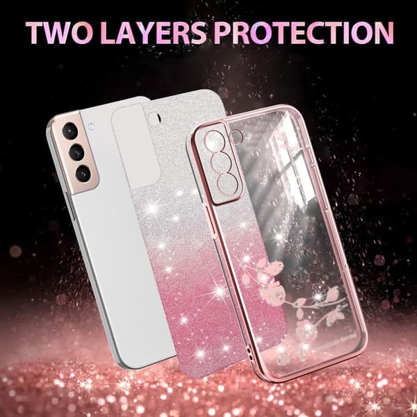 Samsung Galaxy S21+ 5G Skal med Gradient Glittrande Blommor Rosa