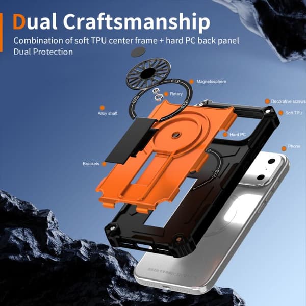 iPhone 18 Pro Max / iPhone 17 Pro Max Shockproof Kickstand Metallic Shaft MagSafe Skal Orange