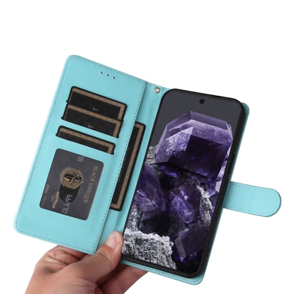 för Pixel 9 Pro Skal i Diamantmönstrad Läder Flip Design Mintgrön