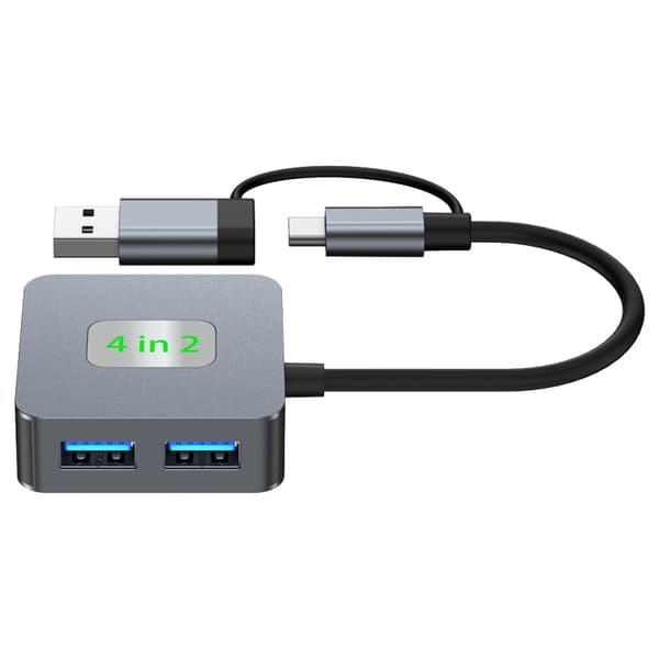 BYL-2320 4-i-2 USB + USB-C / Typ-C till USB 3.2 4-portars hub-adapter (Grå)