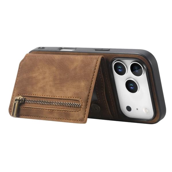 iPhone 18 Pro / iPhone 17 Pro Retro Läder Zipper Skal Brun