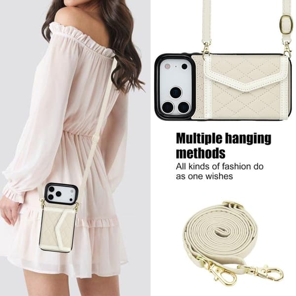 iPhone 18 Pro Max / iPhone 17 Pro Max Skal med Splicing Rhombic Textur och Lång Lanyard Beige