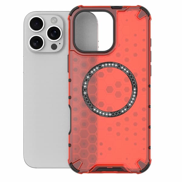 iPhone 16 Pro Honeycomb Magnetisk Ring Stötsäker Skal Röd